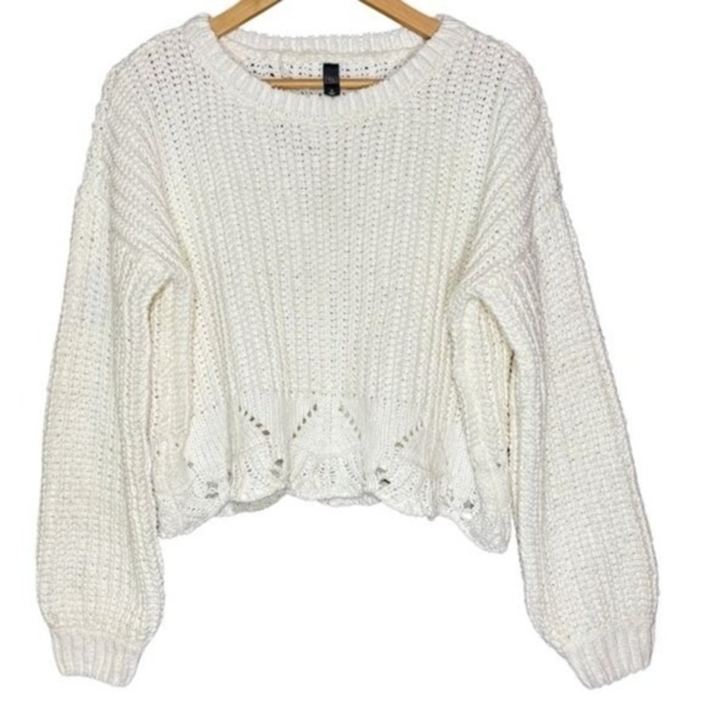 ALYA Women Balloon Sleeve Scalloped Crop Sweater Small Ivory Boho Oversized Cozy